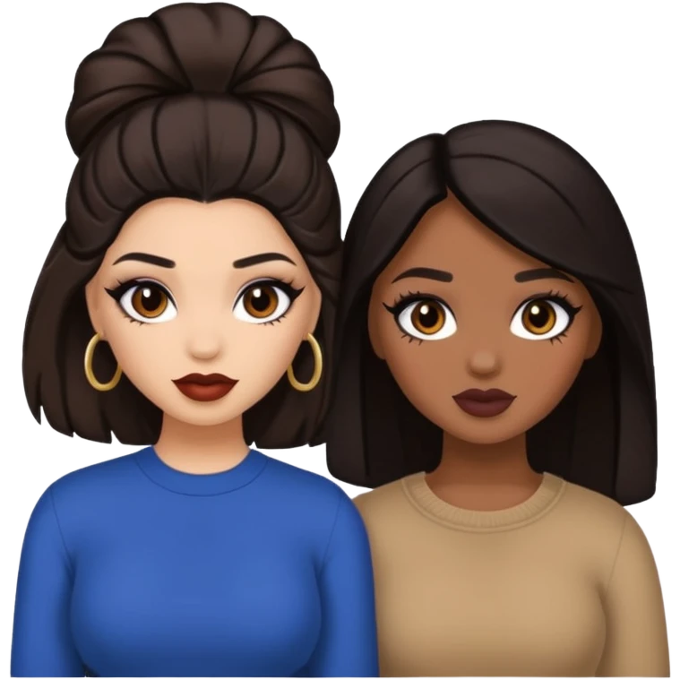 Boujy baddie best friends, trendy heavy makeup both dark hair one light skinned and one mocha brown  emoji