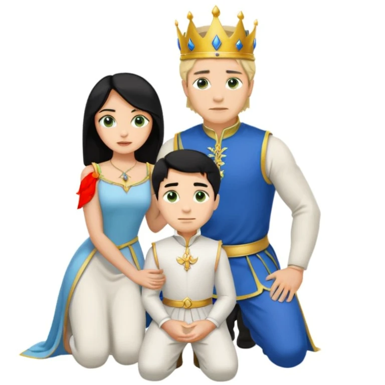 Man as king, standing, black Hair, blue eyes, woman, blonde, green eyes, shott white sleveless Dress, kneeling, background palace emoji