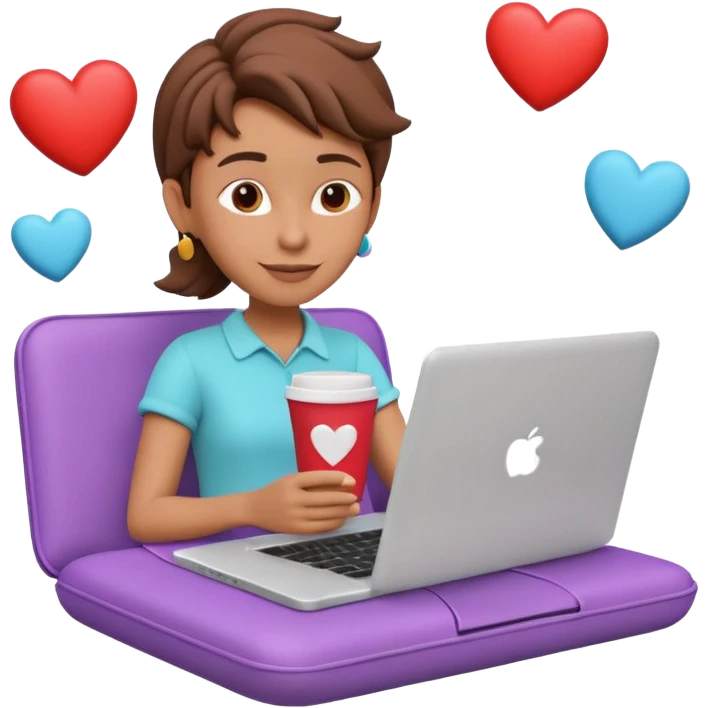 3D clay character relaxed with laptop and coffee, floating icons (hearts + dollars), colofrful modern outfit, white laptop, Pixar style, transparent background emoji