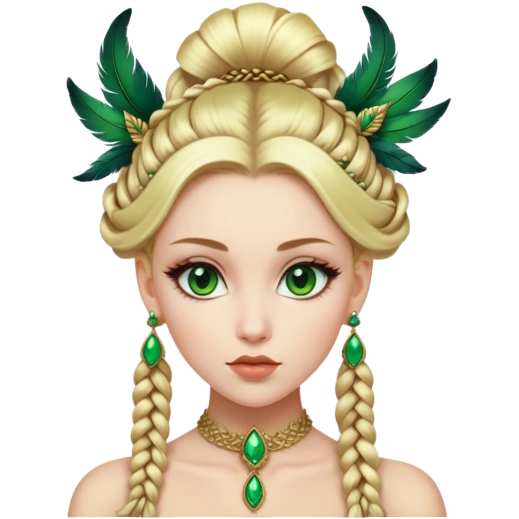 lady with Pale complexion, sharp features, high cheekbones, Blonde hair, green eyes, feathered ornaments, intricate braids with voluminous hairstyle emoji