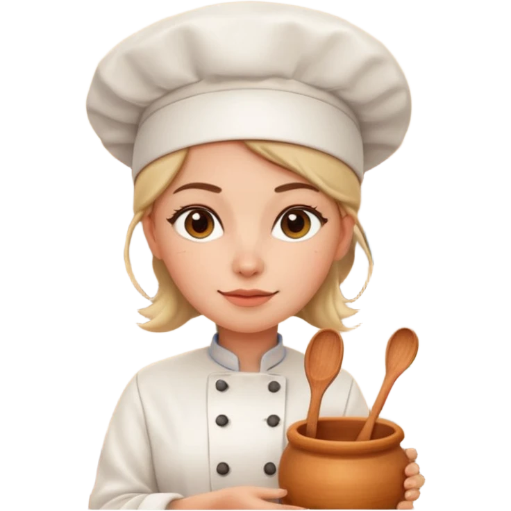 cartoon Apple iOS emoji style woman, pastel colors, Chilean wooden kitchen background, clay pots, warm light, detailed and clean vector art emoji