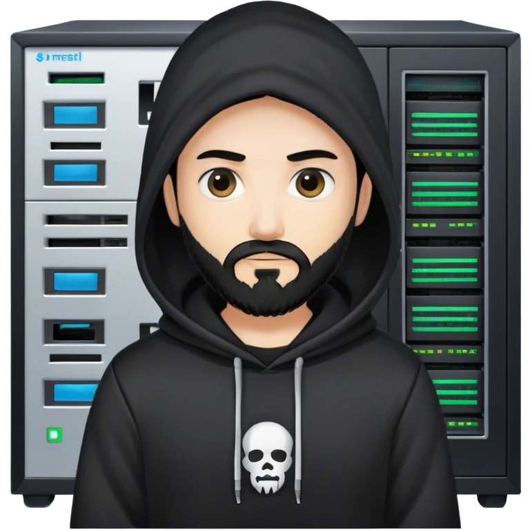hackeur blanc cheveux noir barbe et capuche noir à côté d'un server ia emoji