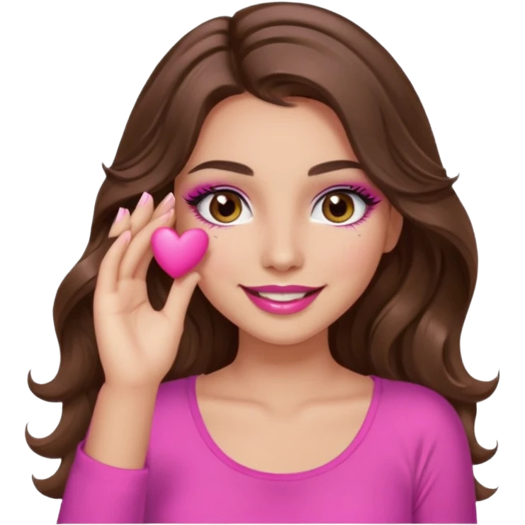 girl with long wavy brown hair, brown eyes, long lashes makeup, sexy pink lips, light to medium complexion, pink sexy top, smiling, hand covering eyes emoji