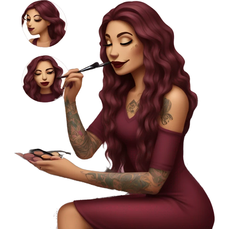 Beautiful tattooed burgundy long haired woman doing her makeup emoji