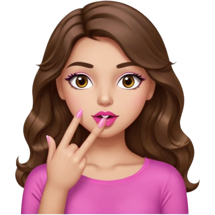 girl with long wavy brown hair, brown eyes, light to medium complexion, in a pink sexy top, pink lips, long lashes, shushing emoji