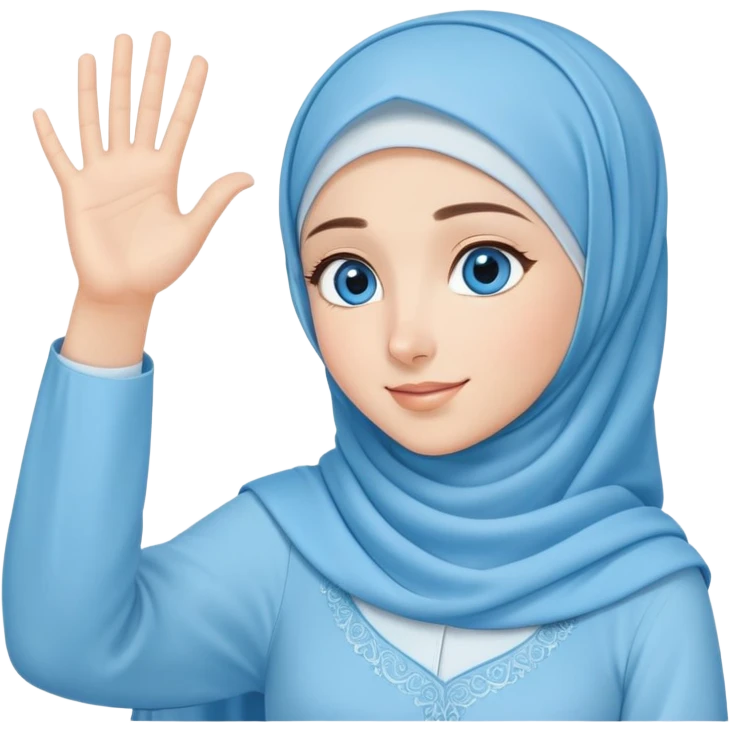 Turkish beautiful finish Konya girl blue eyes with light blue music design hijab islamic dress and musically background and she wave one's hand emoji