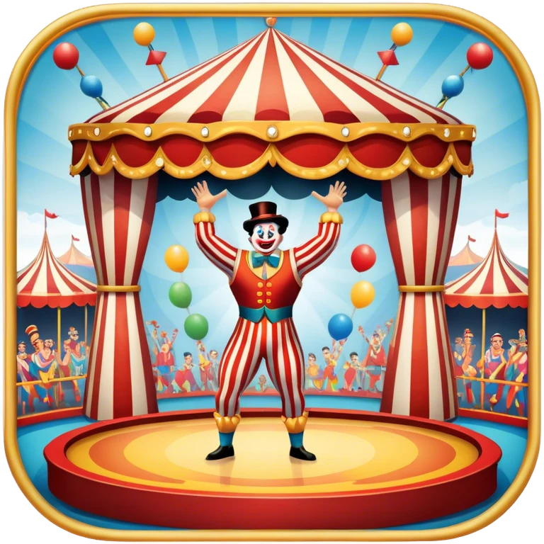 Icon for Circus Arts: a grand vibrant round circus arena with a strongman in a striped costume,  juggler and a clown performing. The icon should convey the excitement and fun of circus performances, with focus on the performers and the colorful setting. Transparent background. emoji
