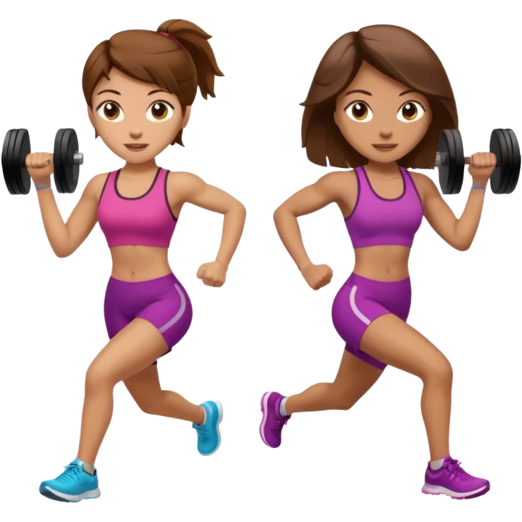 two women. the left one is running. the right one is lifting weights. they have brown hair, light skin, hazel eyes. emoji