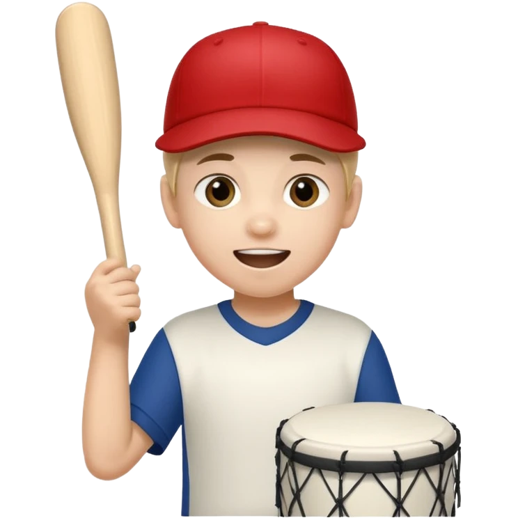 A young boy with a cap, wearing team colors, banging a small drum excitedly. emoji