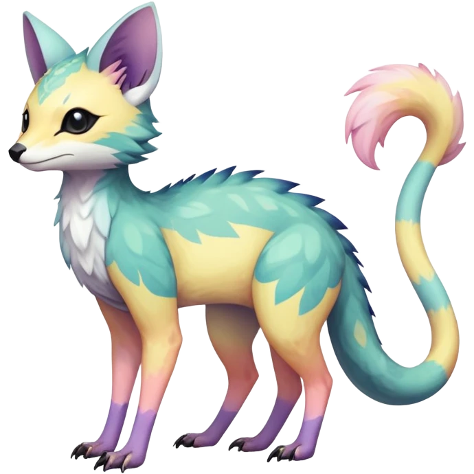 Rare realistic exotic pastel cute epic pretty beautiful handsome gorgeous aesthetic colorful vibrant Vernid-Trico-species-Fakemon-creature by LiLaiRa, 4 legs, 1 tail, random markings, (full body) emoji