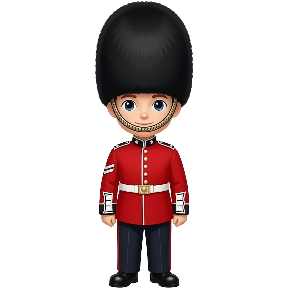 Cute British royal guard in red uniform with iconic tall black hat, London palace style emoji
