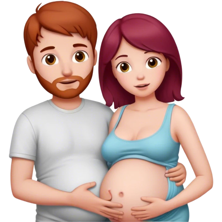 Beautiful burgundy haired pregnant girl with boyfriend holding stomach emoji