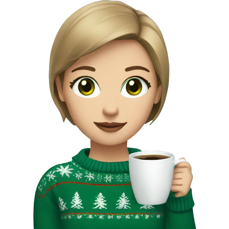 Light brown short haired girl with green eyes drinking coffee wearing blue Christmas sweater emoji