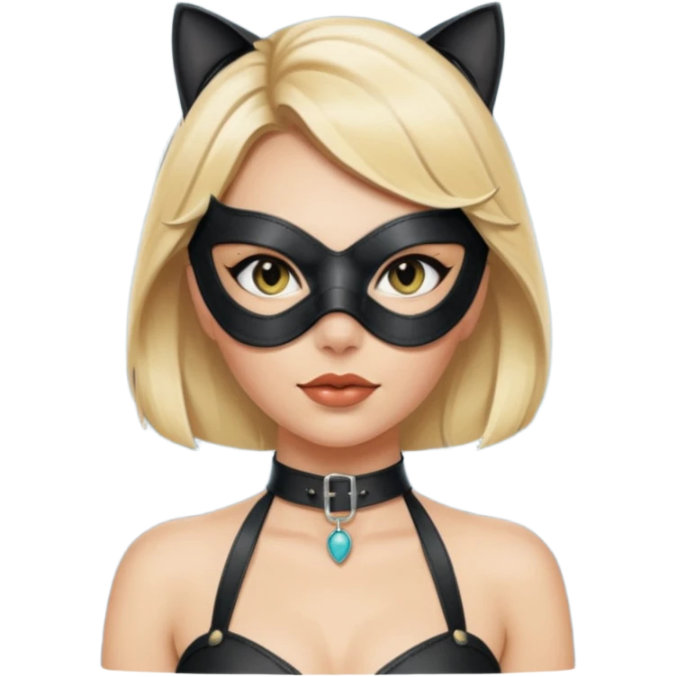 blonde woman with leather cat eye mask and leather halter neck blouse emoji