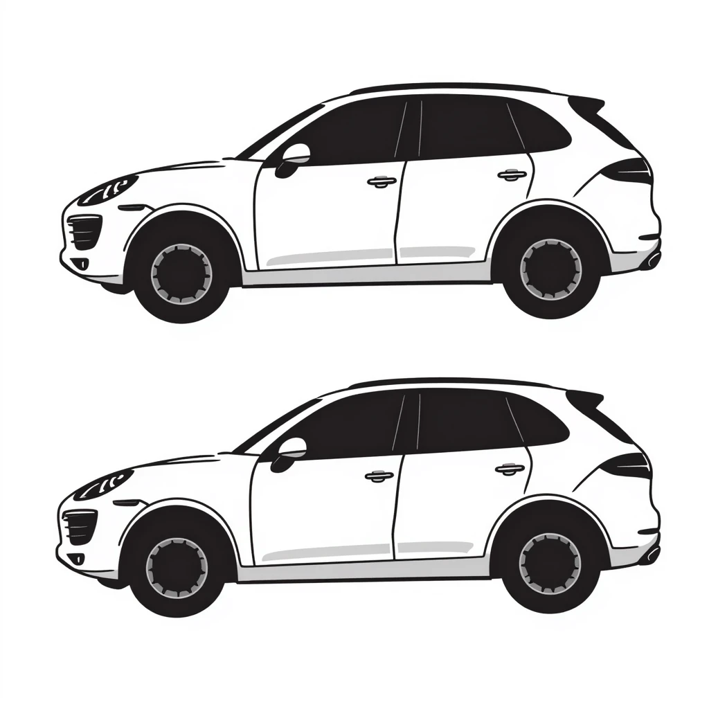 blueprint style illustration of a Porsche Cayenne, side and top view emoji