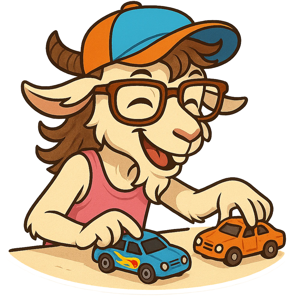 goat for Telegram stickers inspired by reference https://attic.sh/feoducyurkpqwz0la088soao98sx: wearing a cap, glasses, mullet hairstyle, pink drunkard tank top, playing with hot wheels cars emoji