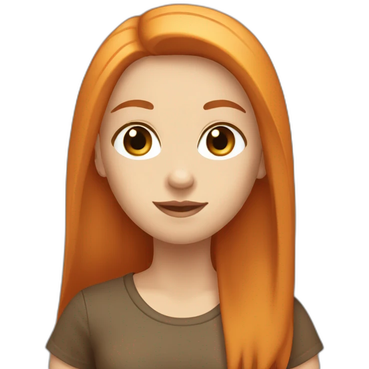white girl with long orange straight hair with brown eyes in a brown t-shirt emoji
