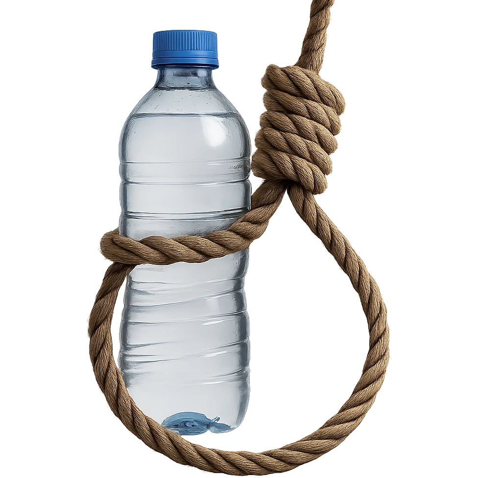 A long rope with a noose, well-visible and realistic water bottle inside the rope, no background, realistic style, symbolic atmosphere, photorealistic and detailed water bottle inside the rope. emoji