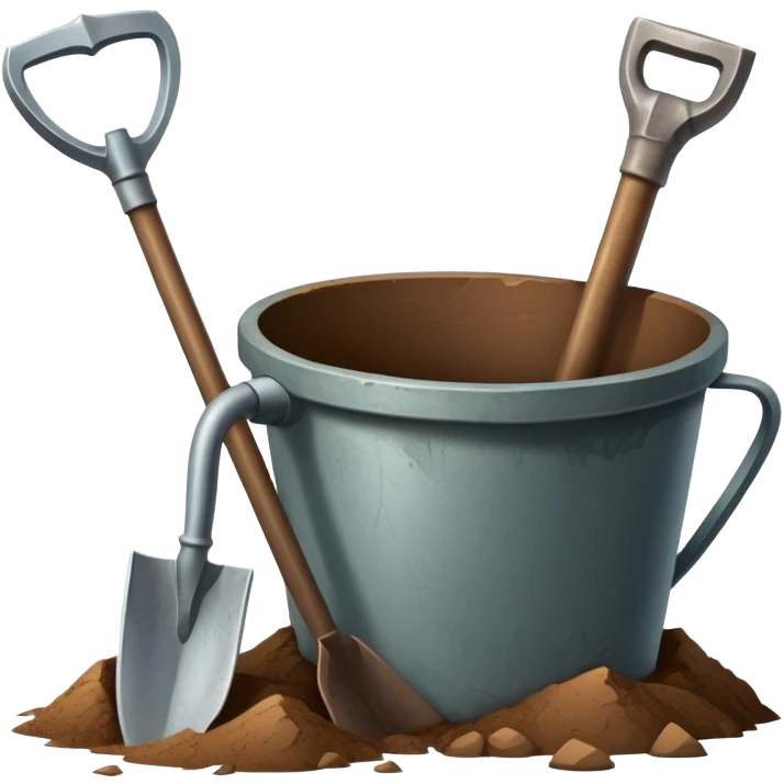 An icon featuring a shovel, pickaxe, and an ancient artifact like a broken pot, symbolizing the essentials of archaeology. The design focuses on the tools of excavation and discovery, recognizable look. Transparent background. emoji