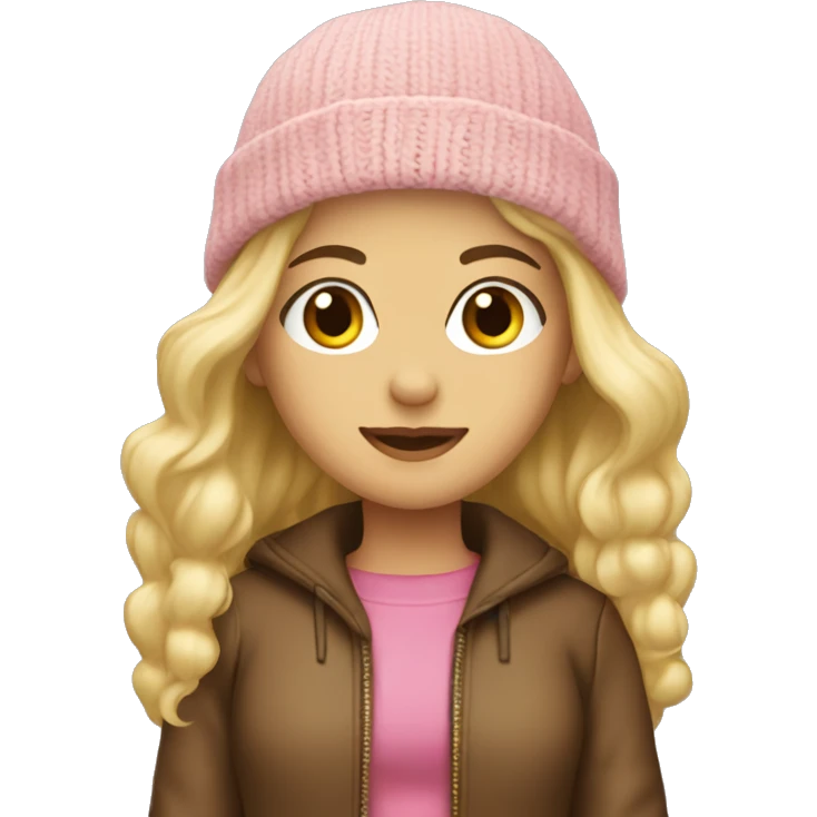 Blond girl brown jacket pink nitted beanie  emoji