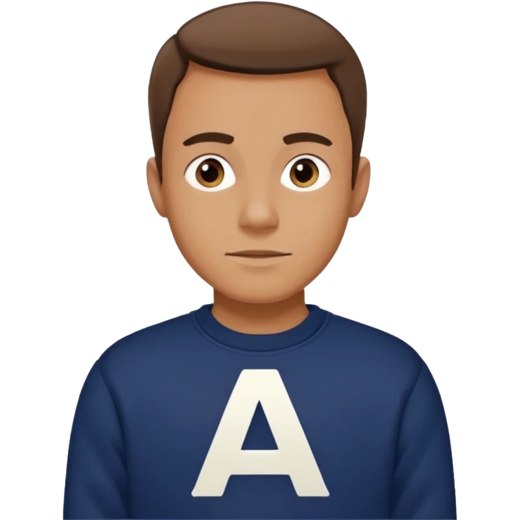 man wearing a navy sweatshirt with a giant white letter A on the upper right of the chest emoji