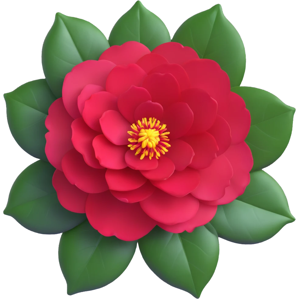 Detailed camellia bloom with formal double form, perfect spiral arrangement of overlapping deep red petals and characteristic glossy oval leaves with fine serrated edges emoji