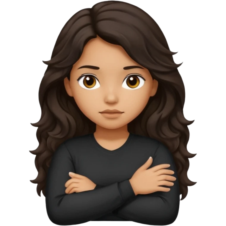 Hispanic girl with dark long wavy hair crossing her arms with slight pout wearing a black long sleeve shirt emoji