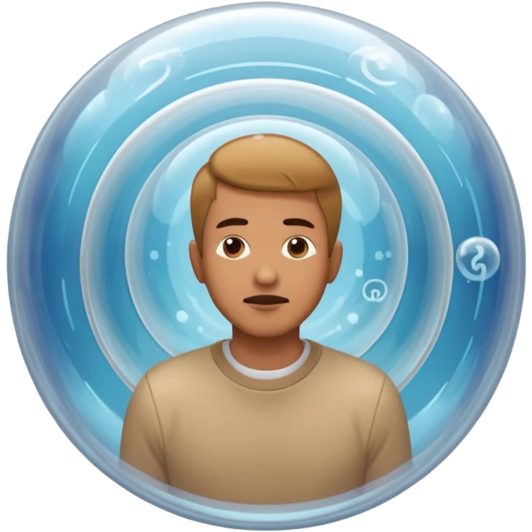 A man in simple casual clothes inside a transparent echo chamber bubble. Sound waves inside the bubble reflect back to him, showing only repeated versions of his own beliefs. Outside voices and symbols are muted or faded. Emoji-style render, soft lighting emoji