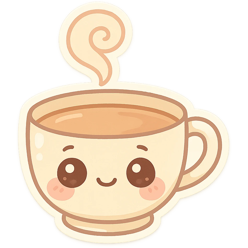 chibi teacup, pastel palette, big eyes, blushing cheeks, cute steam swirl emoji