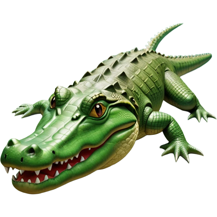 cinematic-crocodile-realistic-full-body-on all fours-emoji,-massive-scaled-body-partially-submerged-in-shallow-water,-head-tilted-dramatically,-rough-green-and-brown-hide-textured-with-deep-ridges,-simplified-yet-realistic-focused-features, head held high emoji