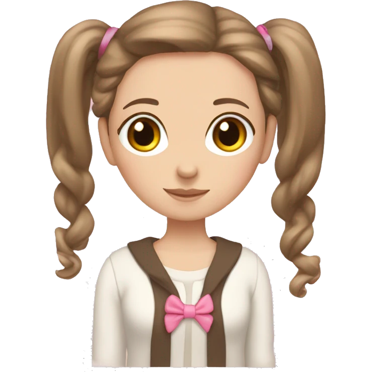white girl, cardigan white, long straight brown hair, pink ribbon in cardigan  emoji