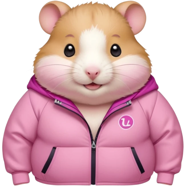 Cute chubby cartoon-style hamster wearing the lululemon pink define jacket, proud and smiling expression. Painterly shading, white background, sticker-style illustration emoji