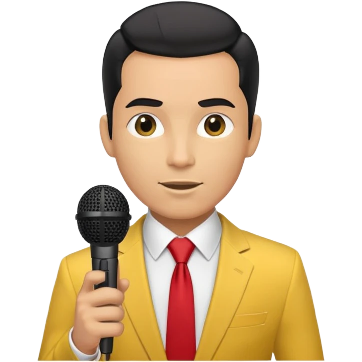 Man with black pulled back hair, wearing a yellow suit and red tie, holding a microphone emoji