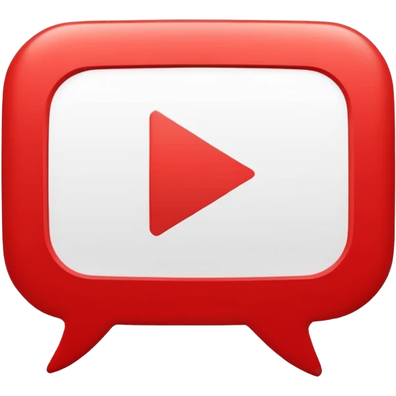 Minimal design featuring a red speech bubble that contains a white play button. On a white background, no text. Suggests intelligent conversation about video content. Clean, modern and tech-oriented emoji