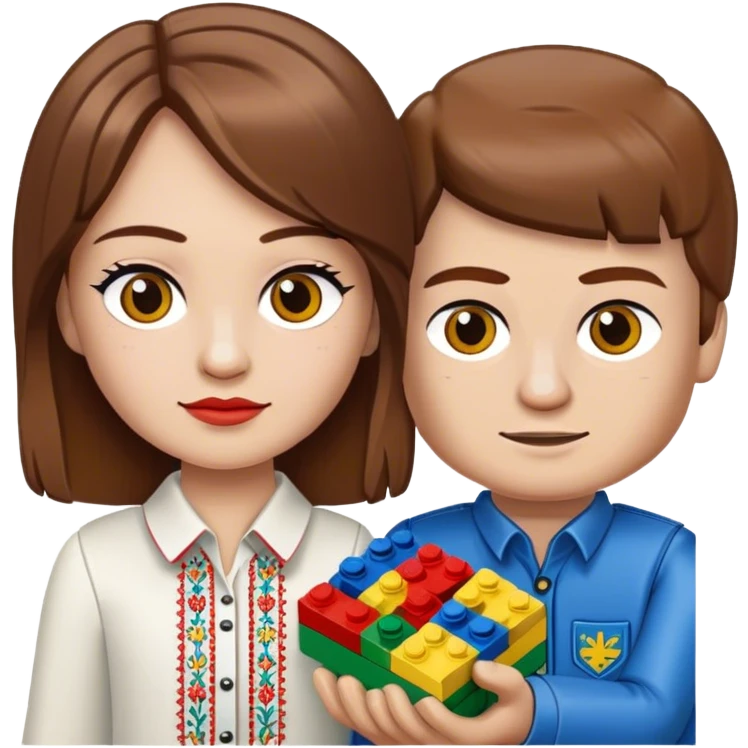 a Ukrainian girl with brown hair in an embroidered shirt and a Ukrainian boy in an embroidered shirt and Lego bricks emoji