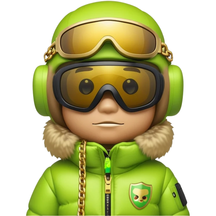 bearbrick wearing lime green balaclava with graffiti logos, futuristic shield visor sunglasses with single panoramic lens like ski goggles covering upper face, puffy fur jacket, gold chains emoji