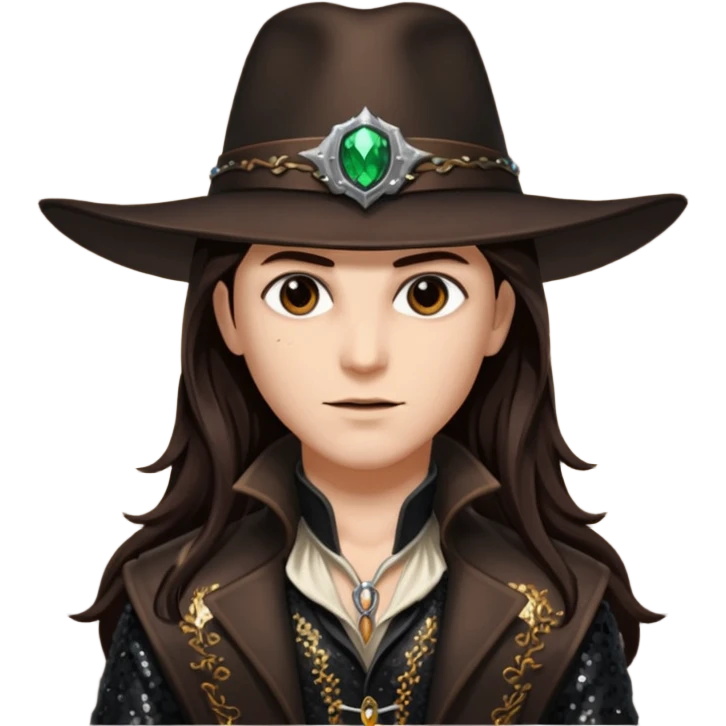Gabriel Van Helsing from Van Helsing with long dark brown hair, dark brown sequin outfit emoji