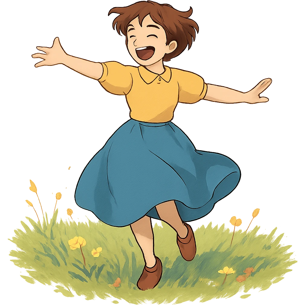 ghibli style character dancing in a field, joyful Friday feeling emoji