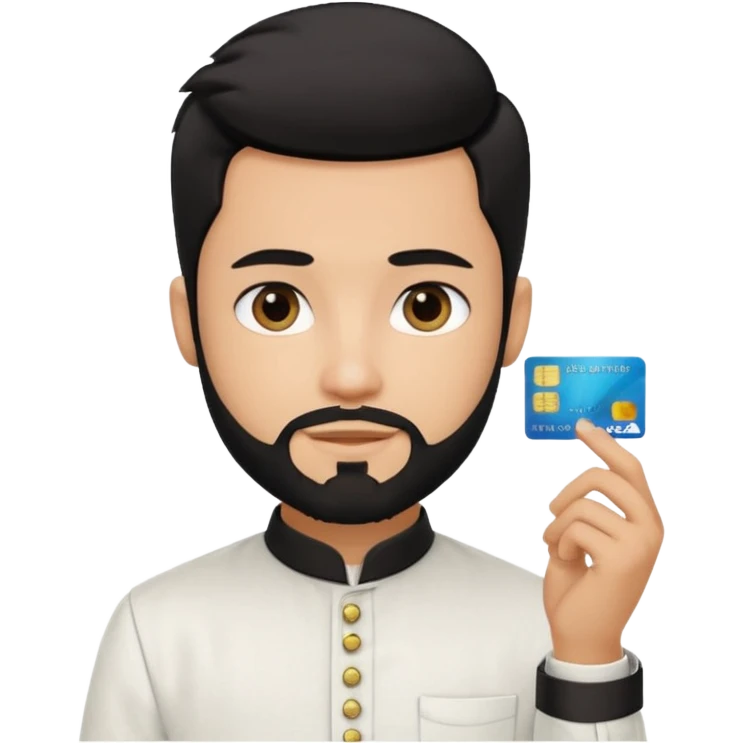 generate a pretty bratz boy wearing a white linen mandarin collar shirt with an amex card in hand. bearded black hair emoji