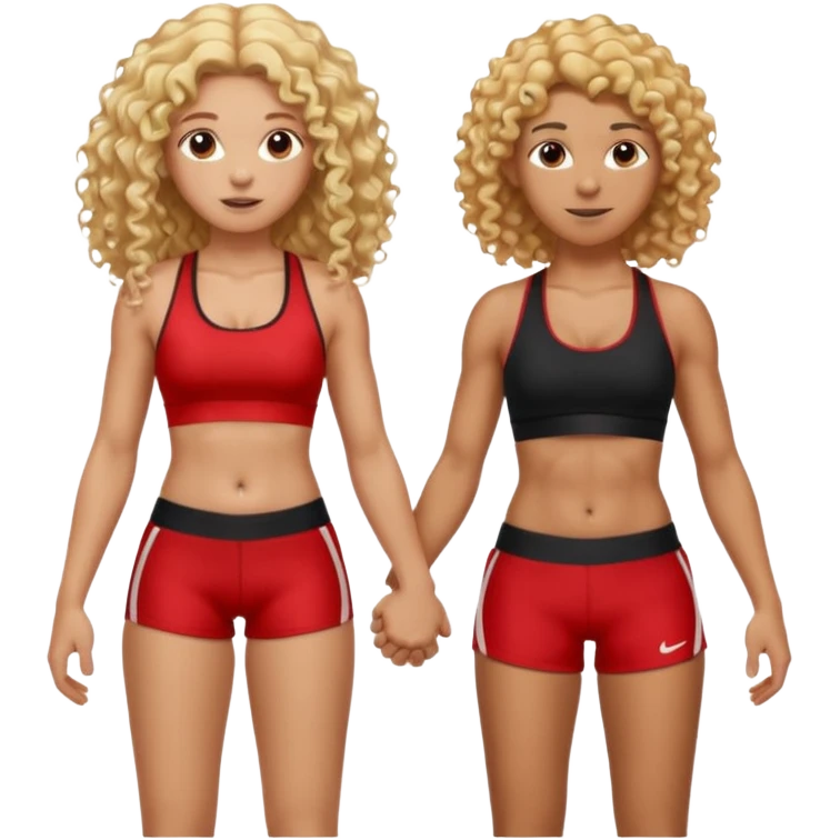 athletic man, high top fade, blonde curly hair only top only, no shirt and Athletic girl with long light red wavy long hair and black sports, Put them together kissing, or holding hands emoji