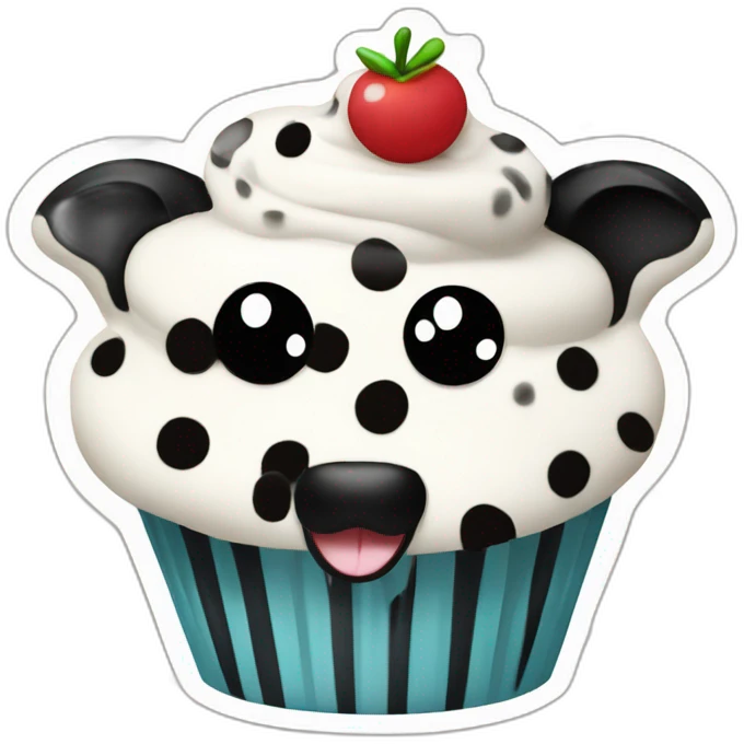 Happy cupcake with black and white cow spots emoji