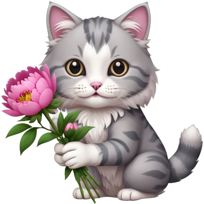 Cute cat Handing pink peonies like reaching a hand and handing them out a bouquet of them not a physical hand the cats hand  make the cat fluffy and grey and white fluffier fluffier  emoji
