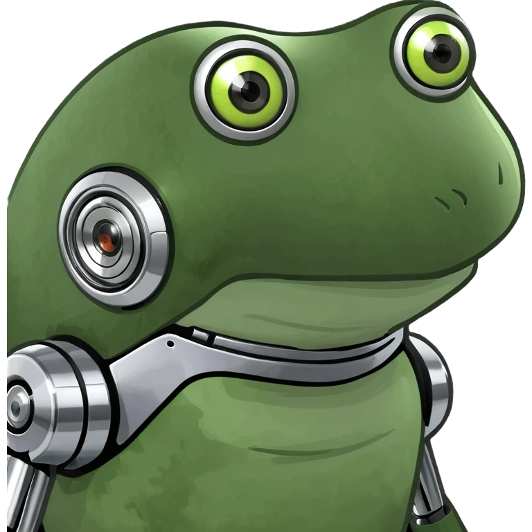 bufo robot with glowing eyes, futuristic frog robot, chrome finish, intense glowing eyes emoji