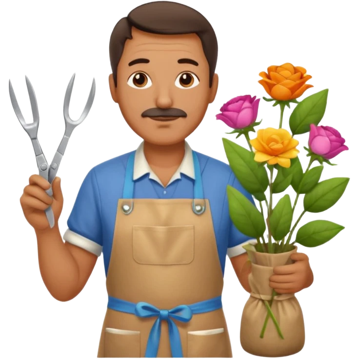 Middle-aged male florist – apron on, trimming stems with scissors emoji