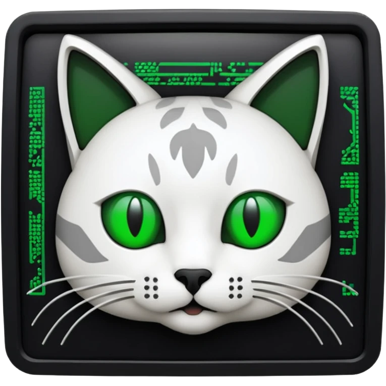 mac os icon code computer retro terminal, black, green white, cat draw as ASCII code inside the terminal emoji