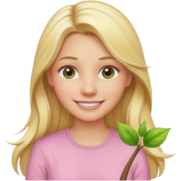 blonde with long hair and swamp-colored eyes, wearing a pastel pink shirt, smiling, iOS Apple emoji style emoji
