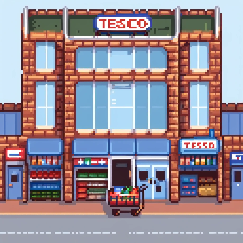 Isometric view of a British supermarket building with red brick facade, Tesco-style signage, shopping trolleys, and small parking area with double-decker bus visible emoji
