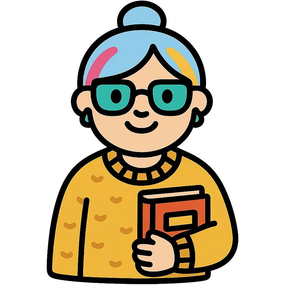 Gen Z style librarian granny with colorful hair streaks, trendy glasses, oversized sweater, holding a book, color outline icon emoji