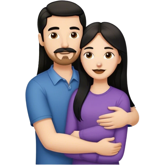 a short white girl with long black hair hugging a tall white guy with brown hair goatee mustache emoji