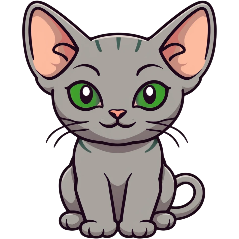 gray hairless Sphynx cat with green eyes, smiling emoji